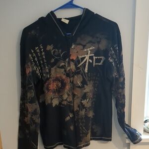 Floral Embroidered Black Zip Hoodie with Metallic Accents